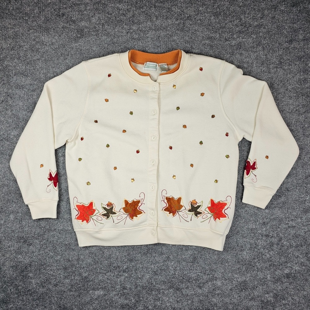 Shenanigans Womens Acorn & Leaves Embroidered Fleece Cardigan Sweatshirt Cream L